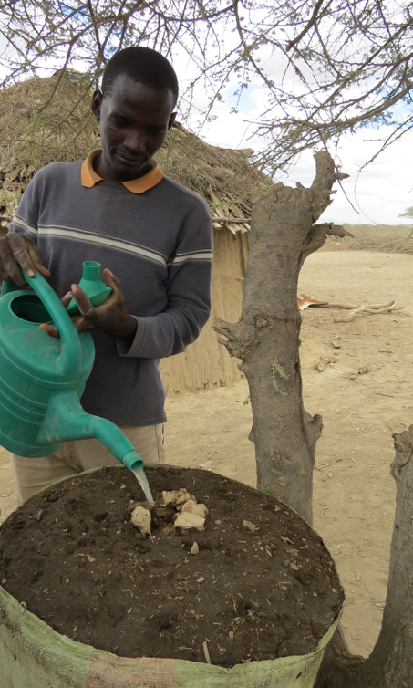 Testigo trainer, Philipo, demonstrating the construction and watering of a sack garden in Olchurai village.